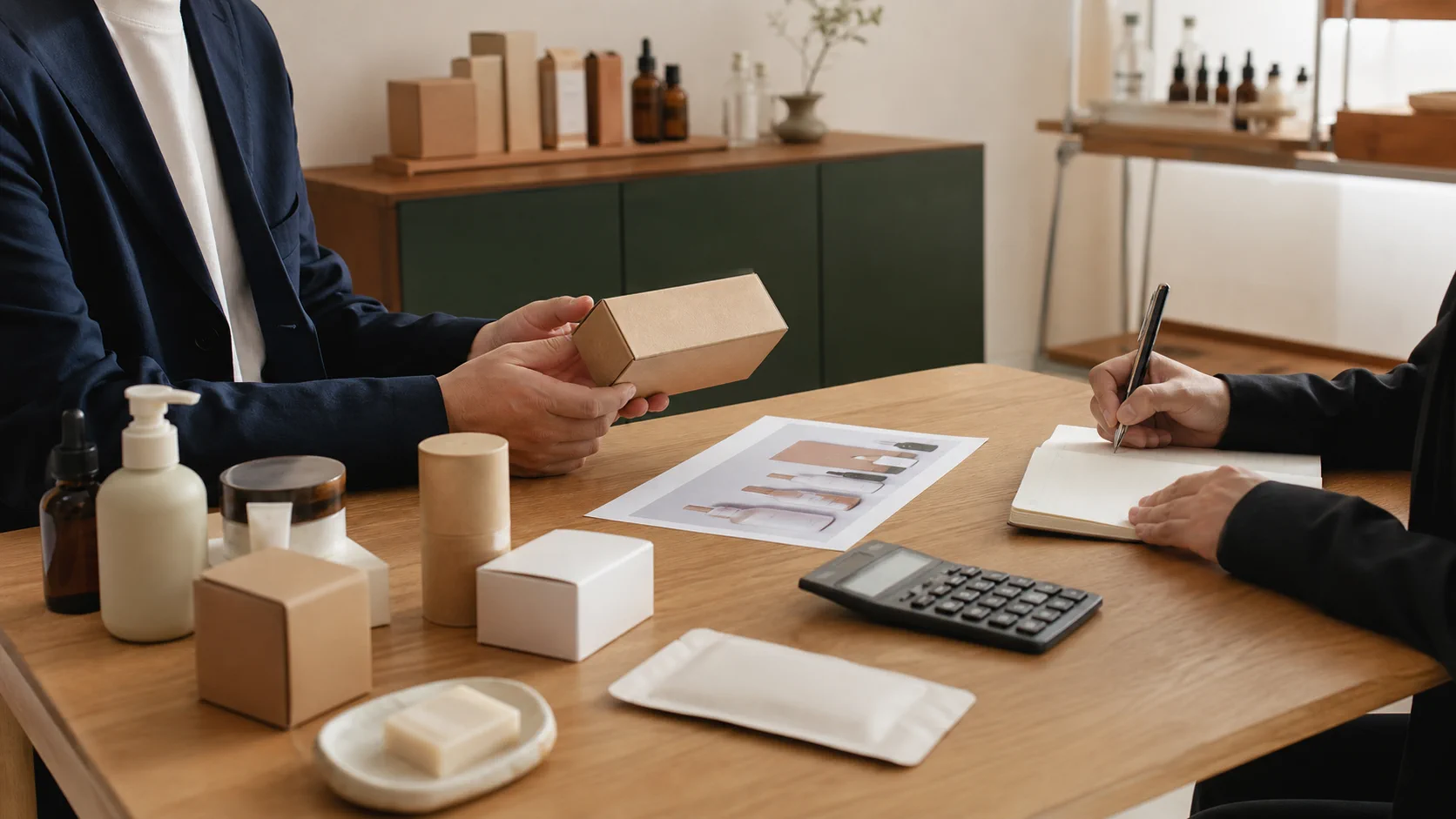 商材サンプルを確認しながら法人取引について相談する様子